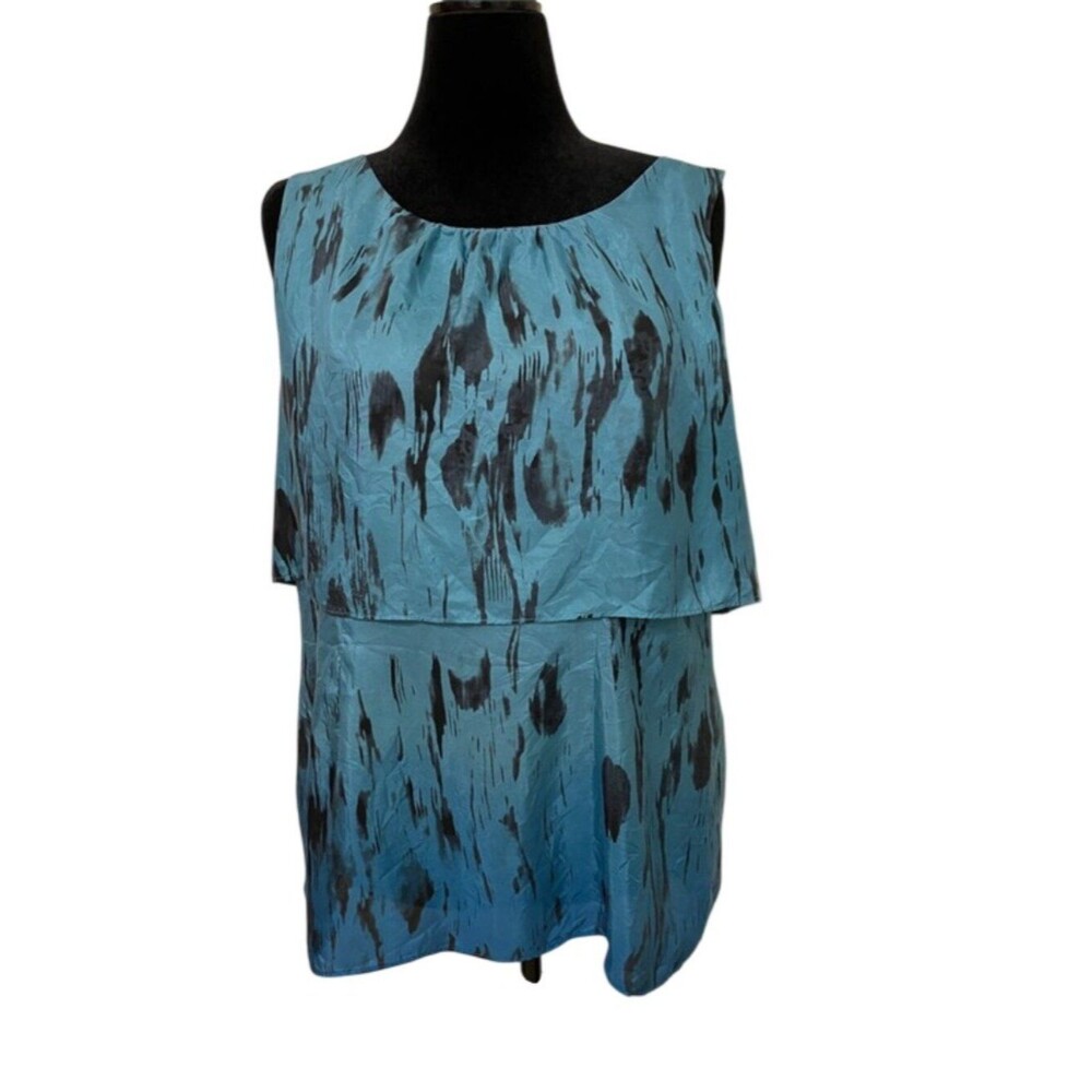 CAbi Serene Silk Ombre Abstract Print Sleeveless Layered Blouse Women's XL Blue